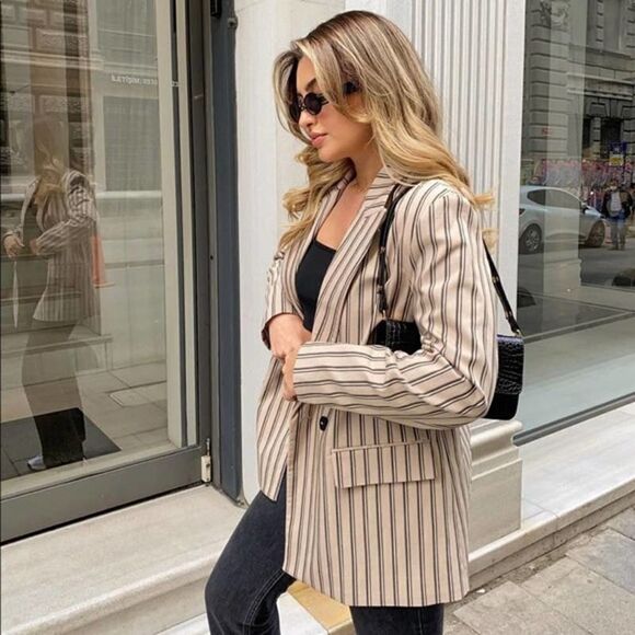 ZARA Oversized Blazer Striped Neutrals Double Breasted - Picture 6 of 7